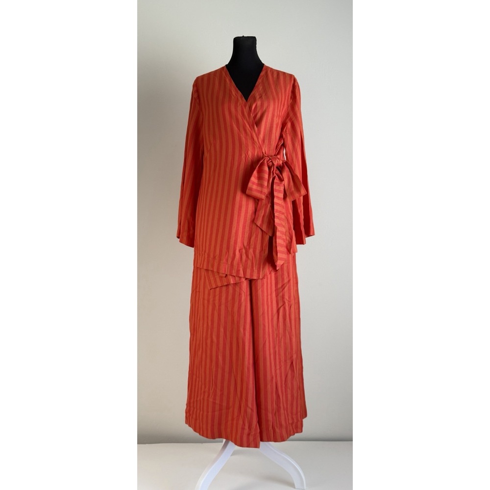 Vintage 70s Hostess Set Kimono Wrap Top Palazzo Pants Orange Red Striped M